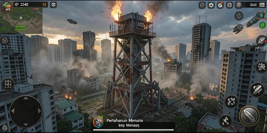 Tampilan gameplay menawan dari 234E dengan menara pertahanan yang strategis.