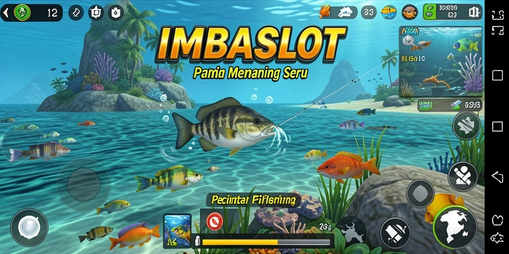 Gameplay seru IMBASLOT dengan berbagai ikan menunggu untuk ditangkap.