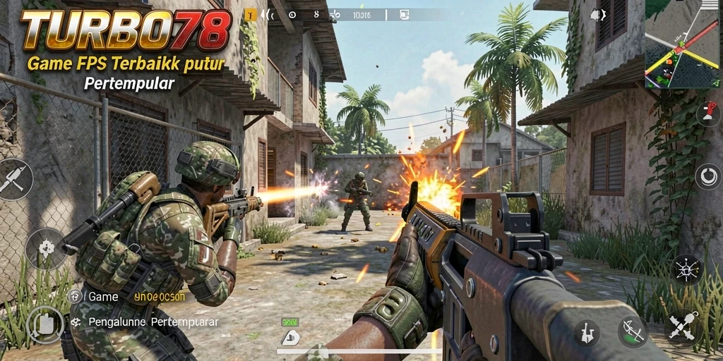 Screenshot utama TURBO78 menunjukkan aksi menegangkan dalam gameplay FPS.